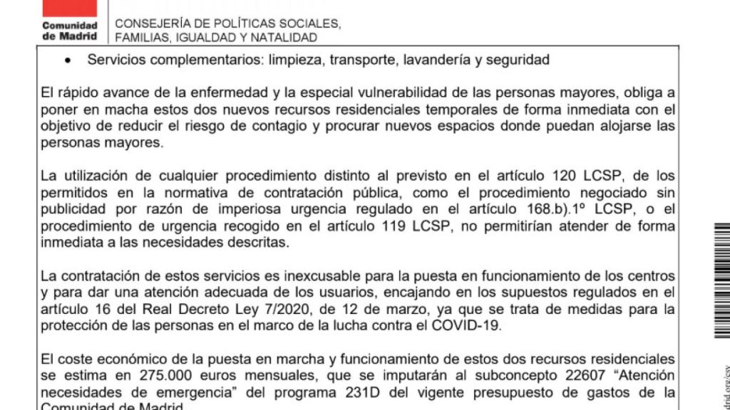 Captura de la Orden de la Consejería para adjudicar los hoteles medicalizados de Room Mate.