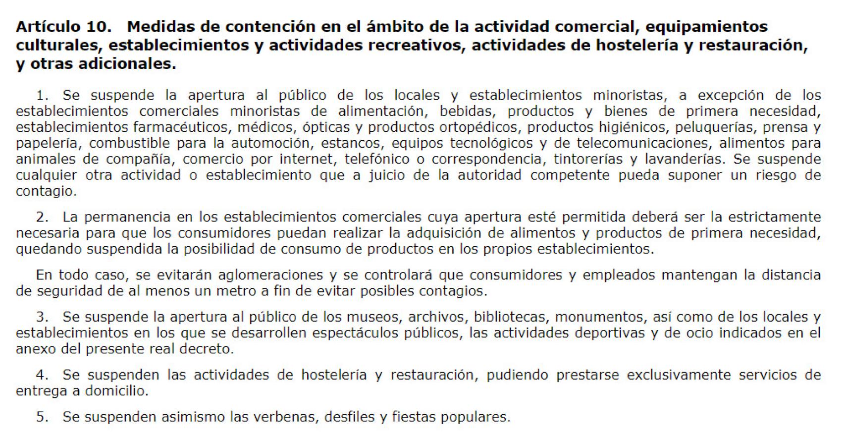 Captura del artículo 10 del decreto de estado de alarma.