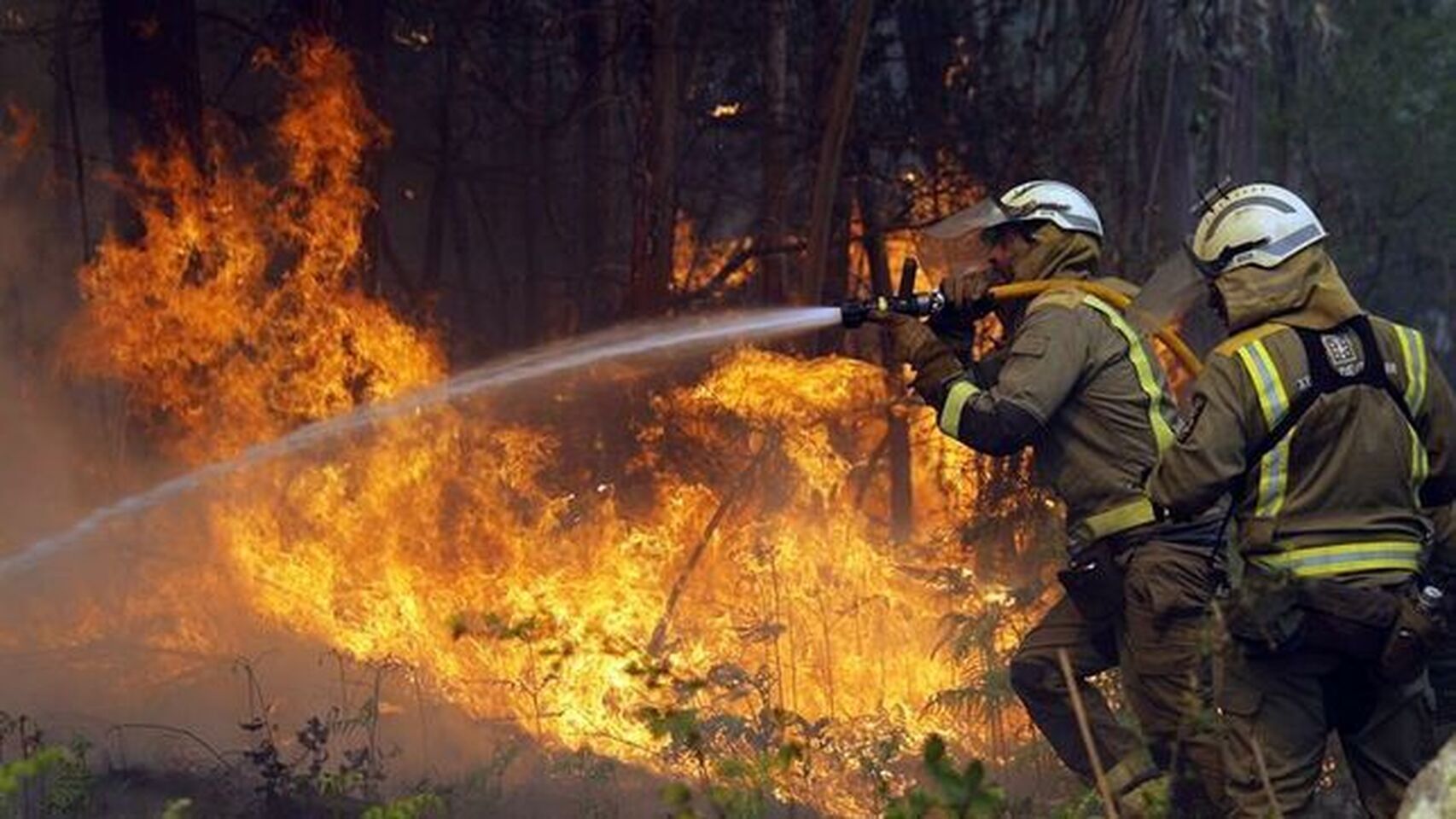 Bomberos luchan por mitigar un incendio en Toques (A Coruña) en marzo de 2019.