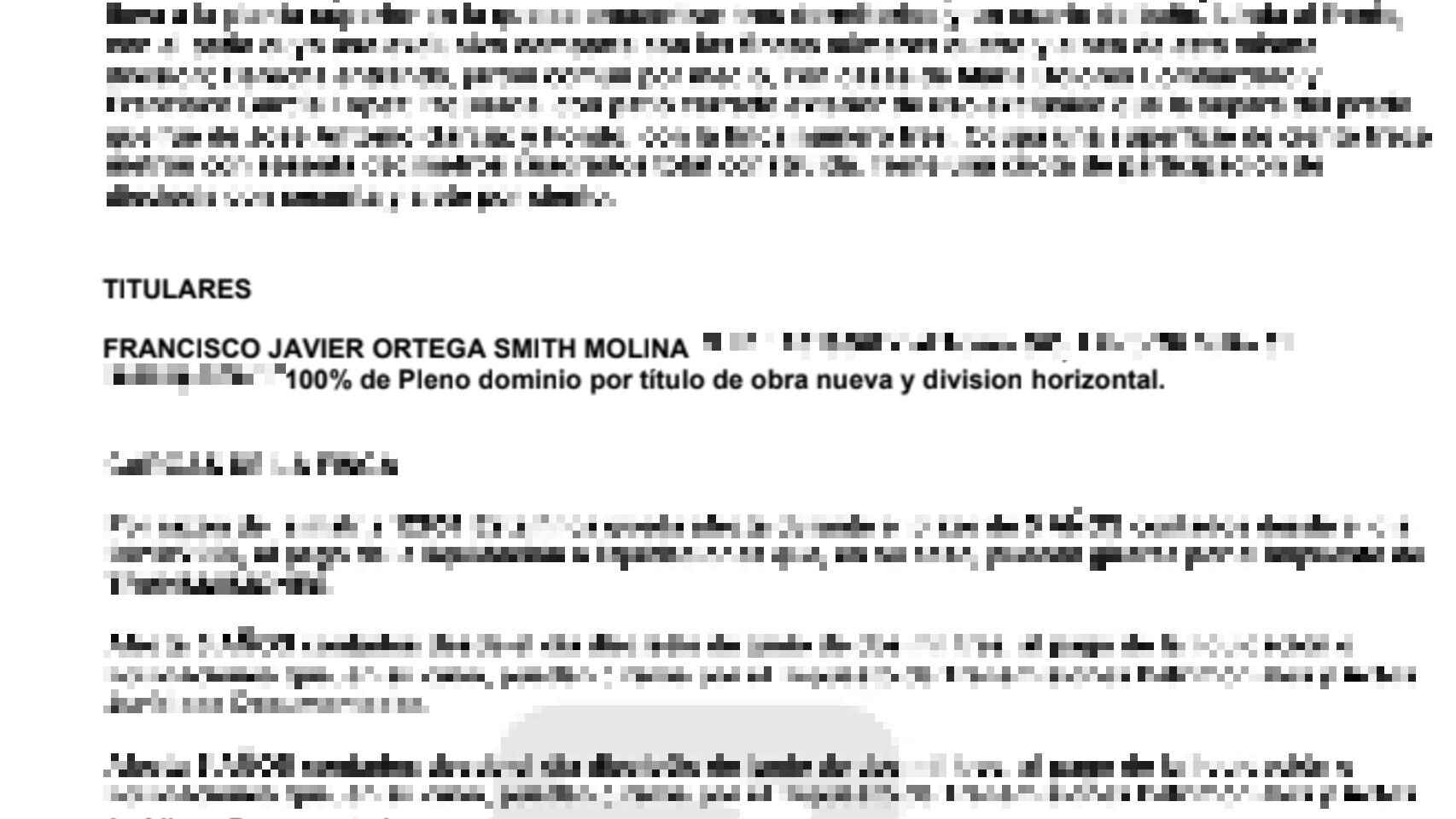 Nota del Registro en la que se acredita el 100% de la titularidad de Ortega sobre la vivienda.