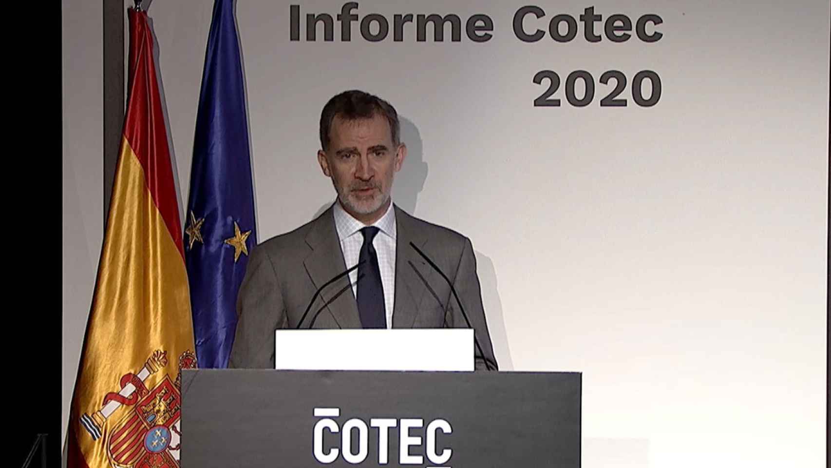 El Rey Felipe VI durante la presentación del Informe Cotec 2020.