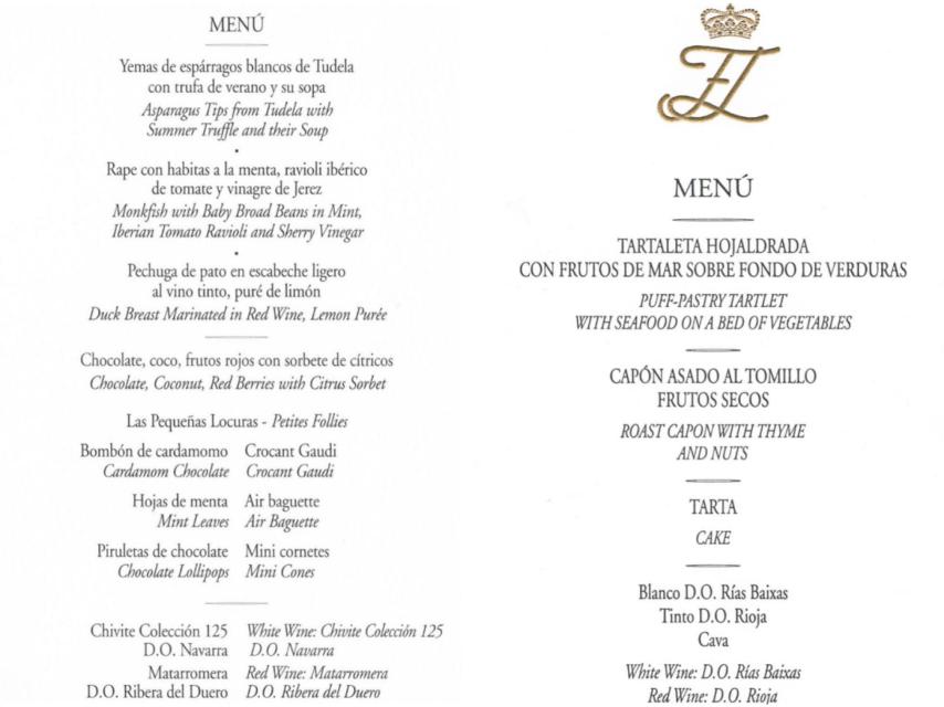 Menús de la cena de la boda real del 22 de mayo de 2004.
