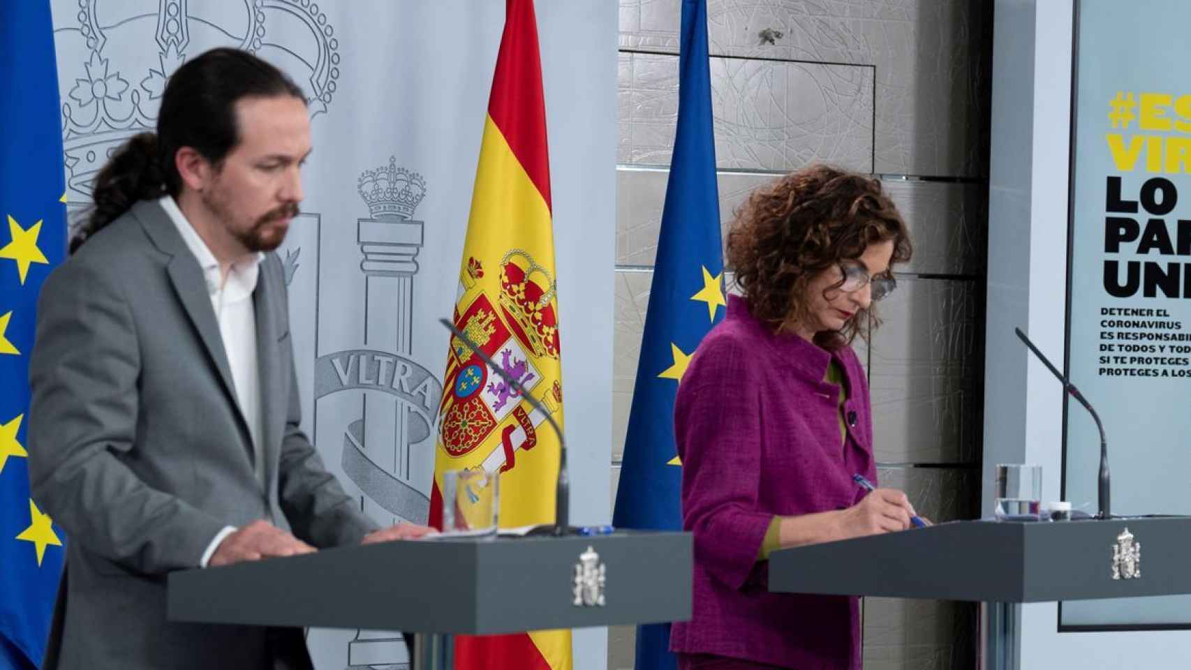 El vicepresidente Pablo Iglesias, la portavoz del Gobierno, María Jesús Montero, y la vicepresidenta, Nadia Calviño.