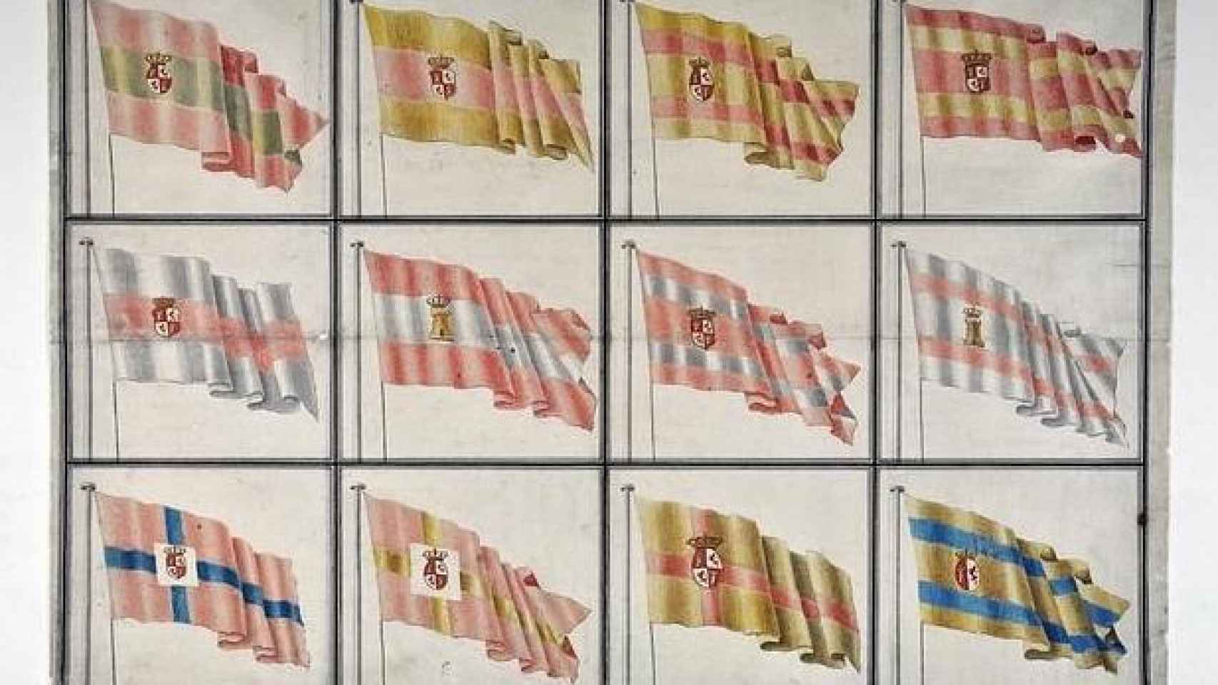 Imagen de los 12 bocetos presentados por el ministro Antonio Valdés y Fernández Bazán a Carlos III. El rey escogió la que se encuentra arriba a la izquierda para la Marina de Guerra.