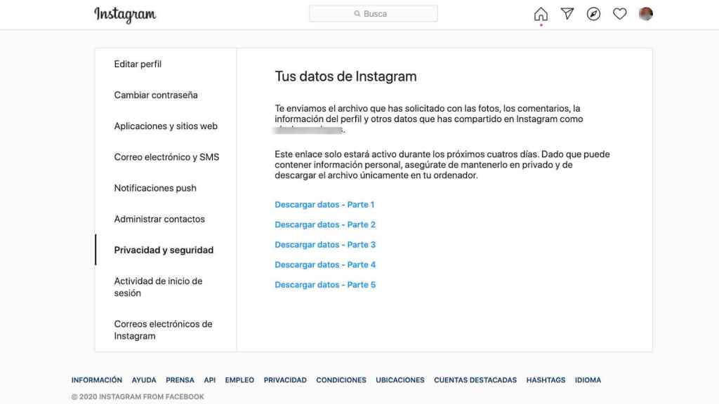 Interfaz descarga de datos de Instagram.