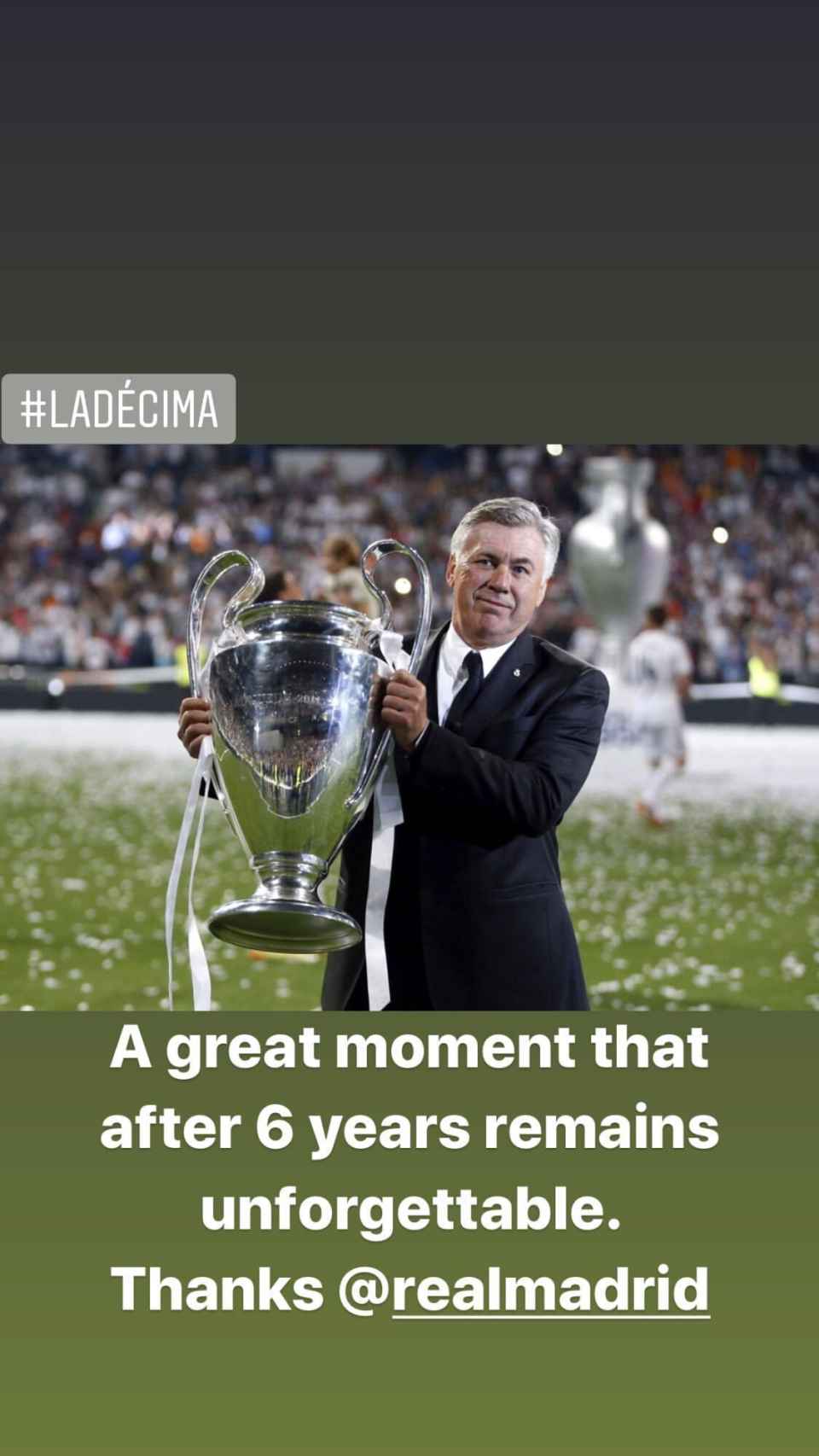 Mensaje de Carlo Ancelotti en sus stories de Instagram por La Décima del Real Madrid