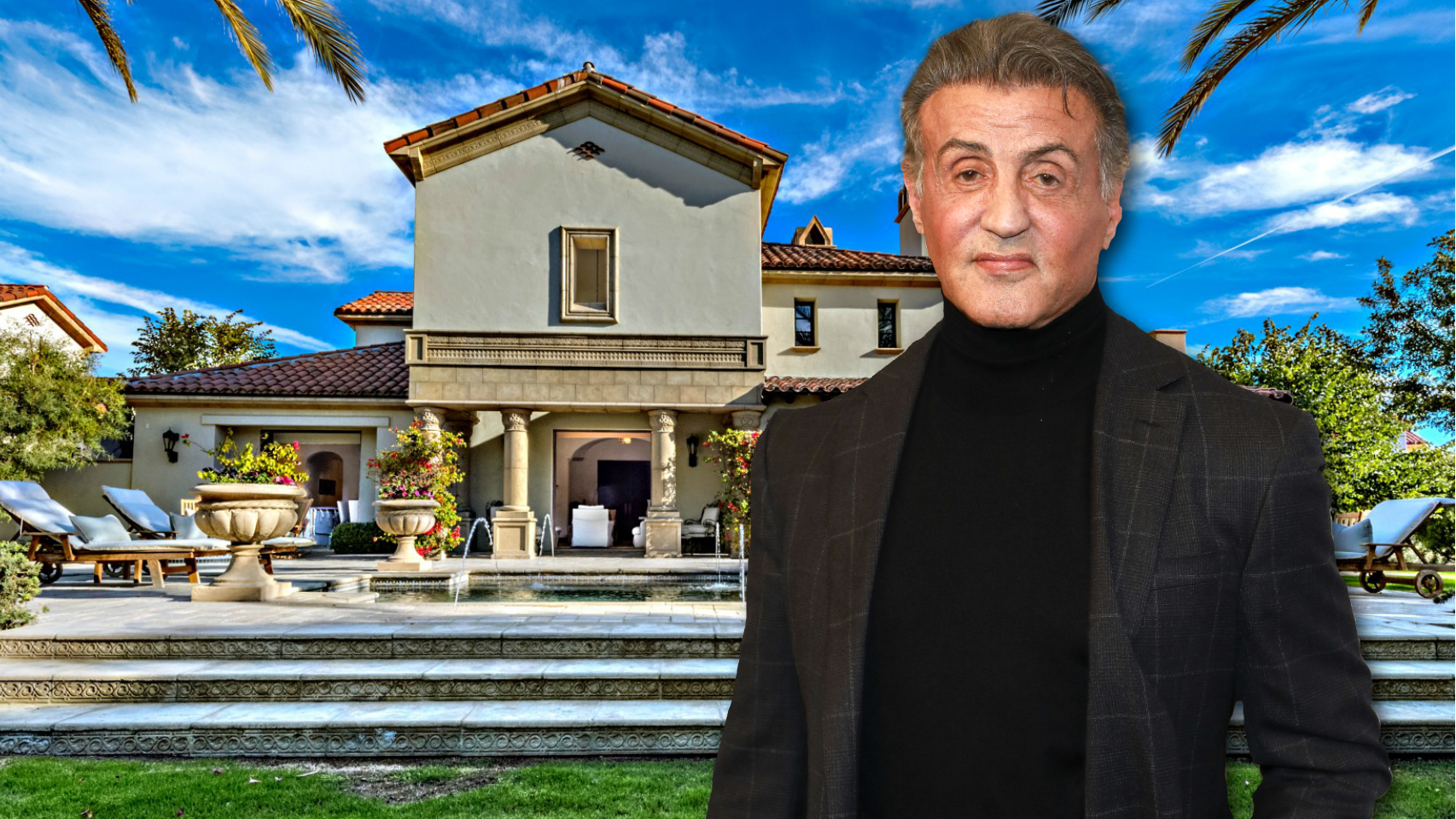 Sylvester Stallone en un montaje de JALEOS frente a la casa que vende.