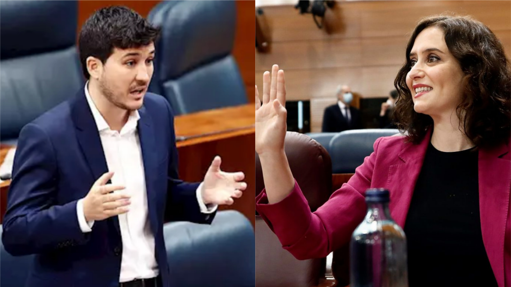 Pablo Gómez Perpinyà (Más Madrid) e Isabel Díaz Ayuso (PP) en un montaje.