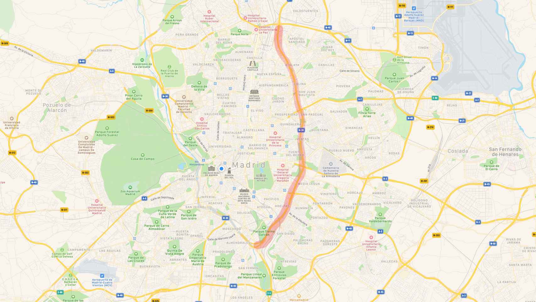 Mapa de las carreteras de Madrid con Parque-30 destacado en rojo.