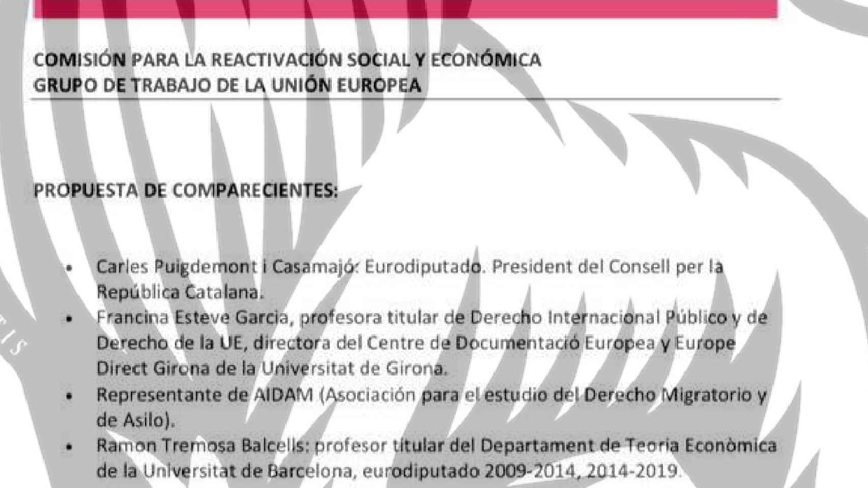 Escrito de JxCat para la comprecencia de Puigdemont en la Comisión de Reconstrucción.