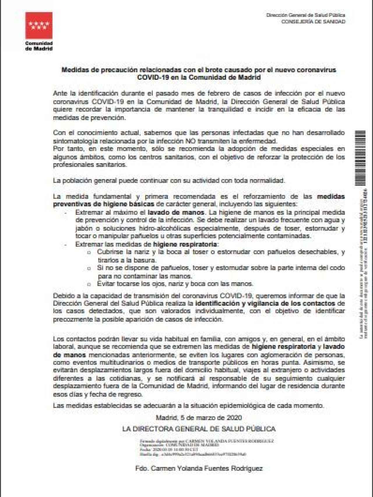 Documento de 5 de marzo de la directora de Salud Pública del Gobierno de Madrid./
