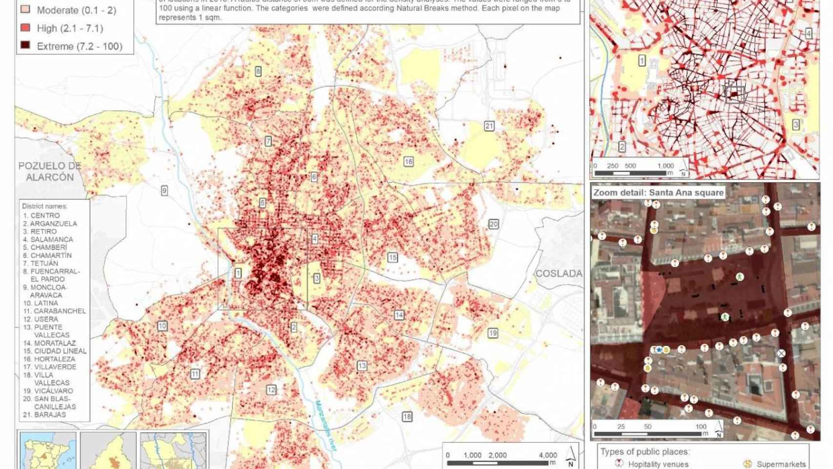 Presencia de colillas de tabaco en las calles de Madrid: el 73 % de los espacios públicos presentan estos residuos. Hay diferencias en la exposición entre barrios (en rojo, alta concentración).