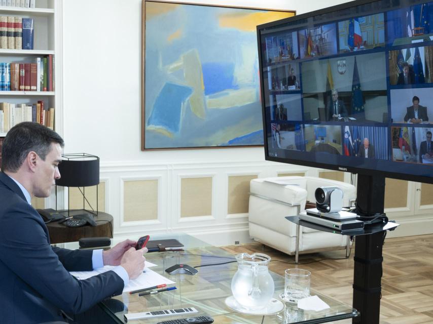 Pedro Sánchez, durante la última videocumbre europea del 23 de abril