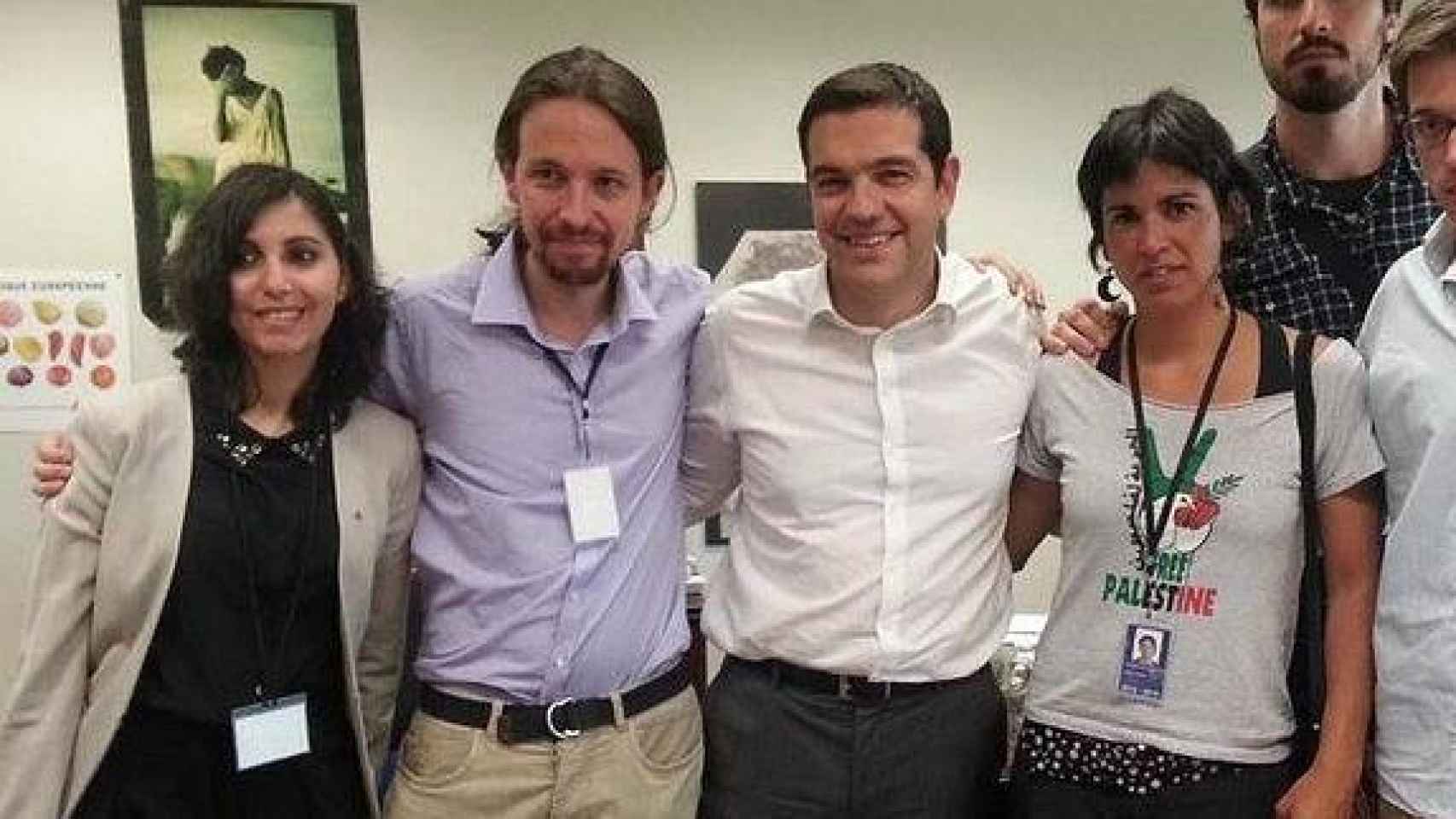 De izquierda a derecha: Dina Bousselham, Pablo Iglesias, Alexis Tsipras y Teresa Rodríguez.