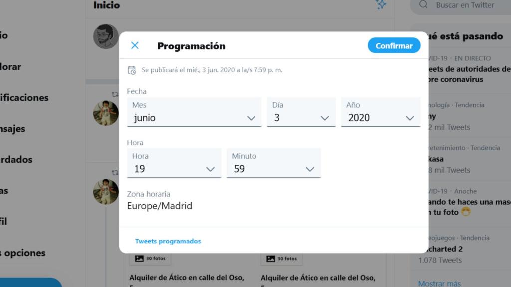 Ventana de programación de mensajes en Twitter