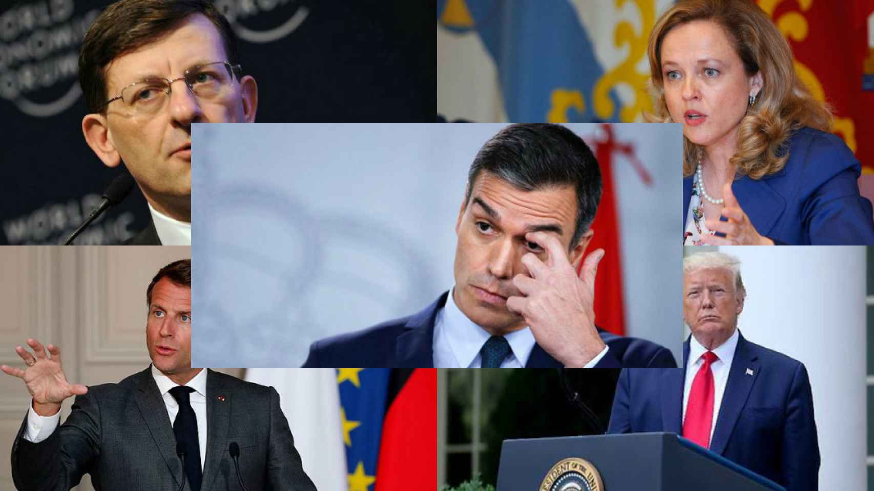 Vittorio Colao, Nadia Calviño, Pedro Sánchez, Emmanuel Macron y Donald Trump.