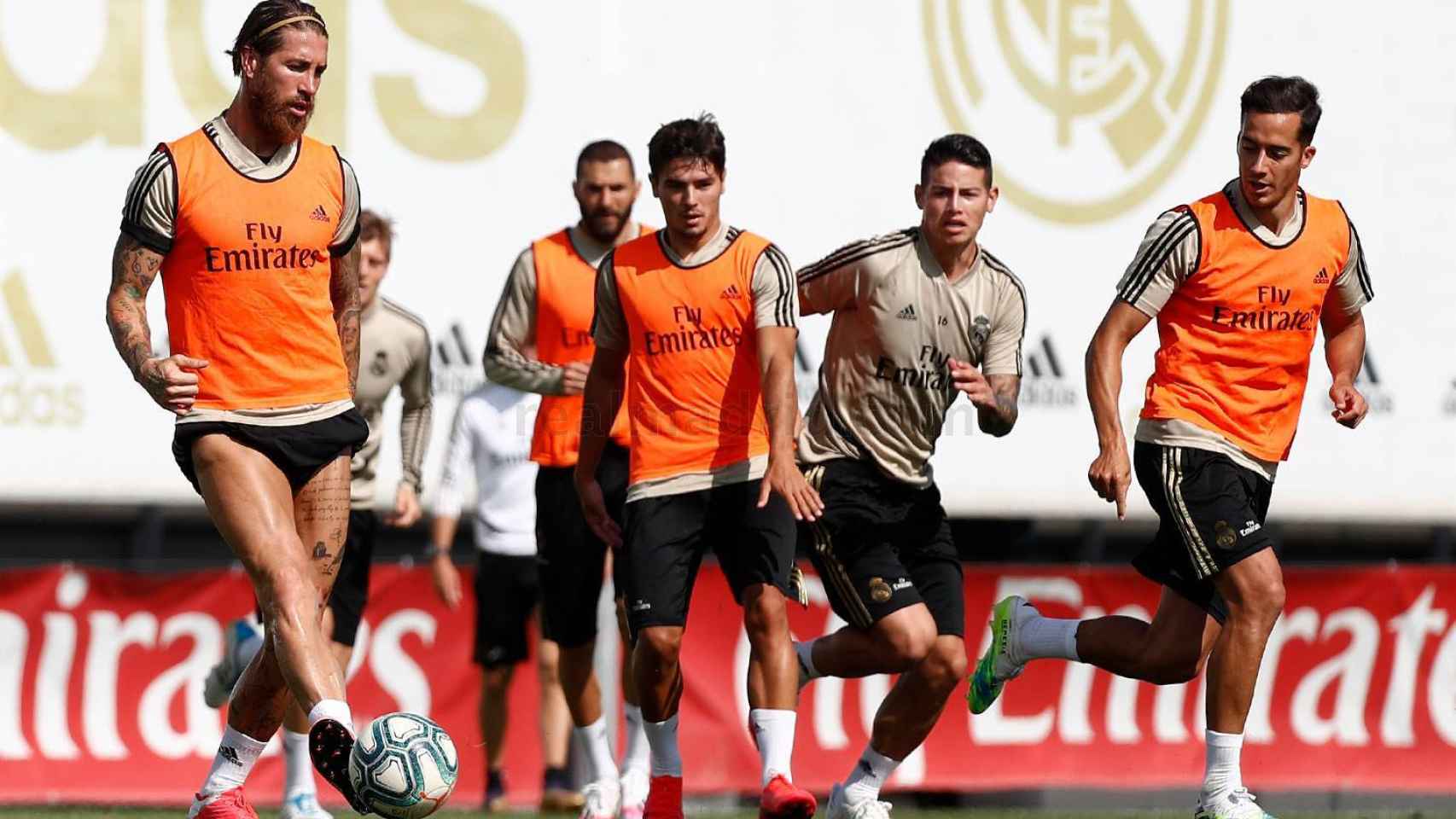 Sergio Ramos, Lucas Vázquez, Brahím Díaz y James Rodríguez, durante el entrenamiento