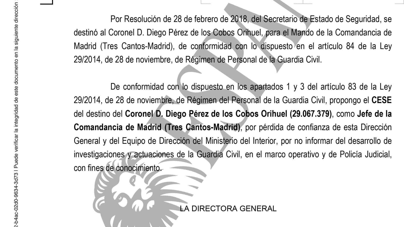 Documento de la Guardia Civil pidiendo el cese de Pérez de los Cobos.