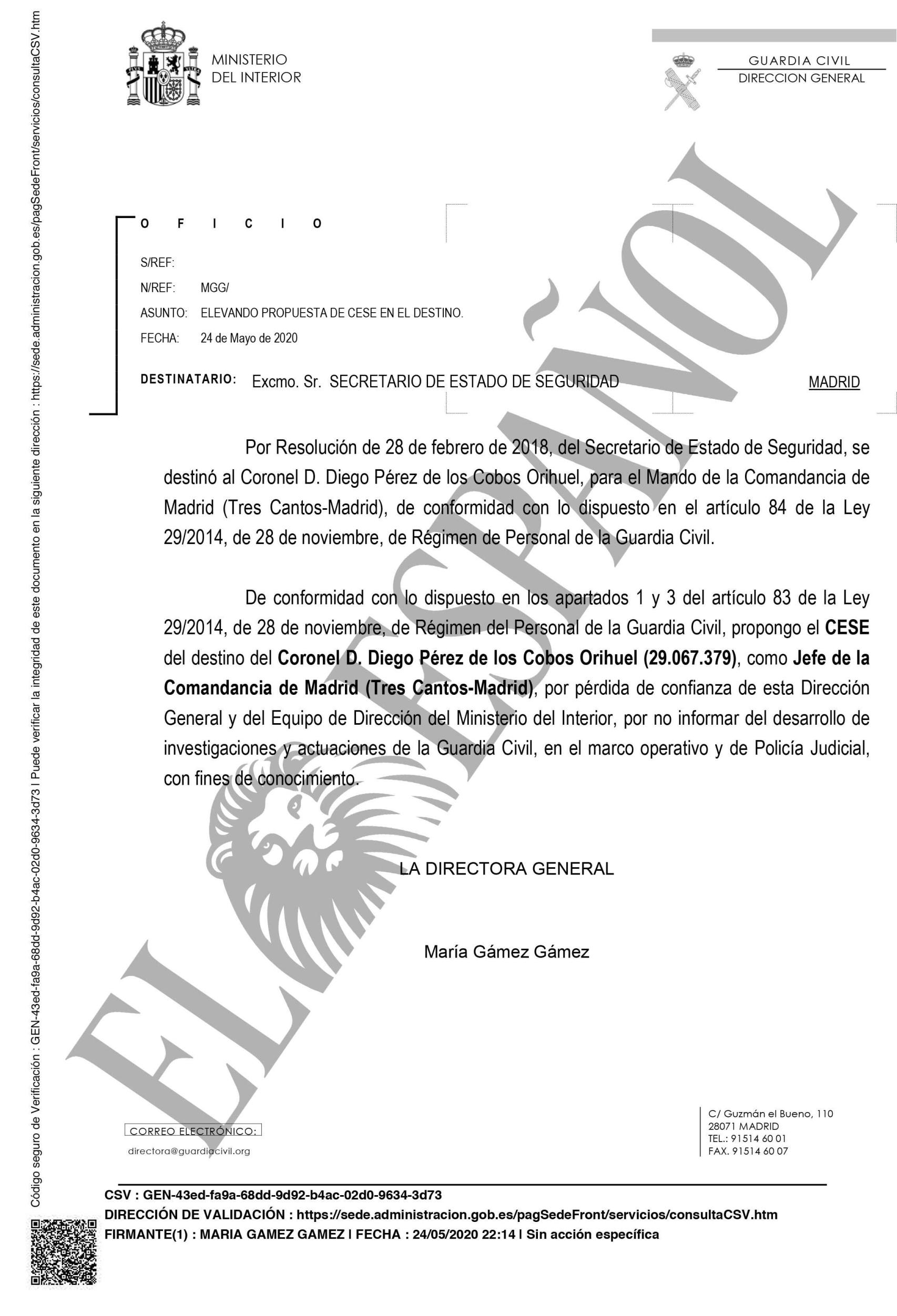 Documento de la Guardia Civil pidiendo el cese de Pérez de los Cobos.