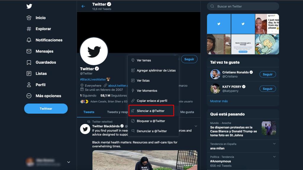 Silenciar a un usuario en Twitter.