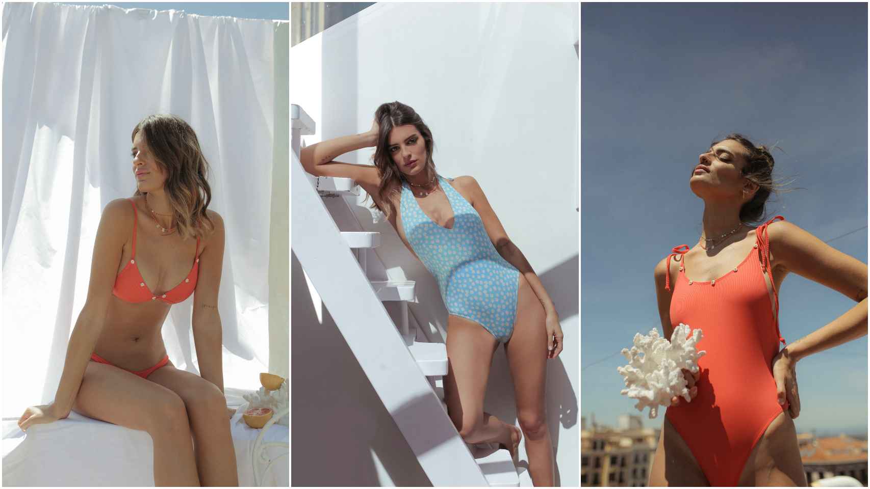 Susana Molina con diferentes modelos de su colección de bañadores.