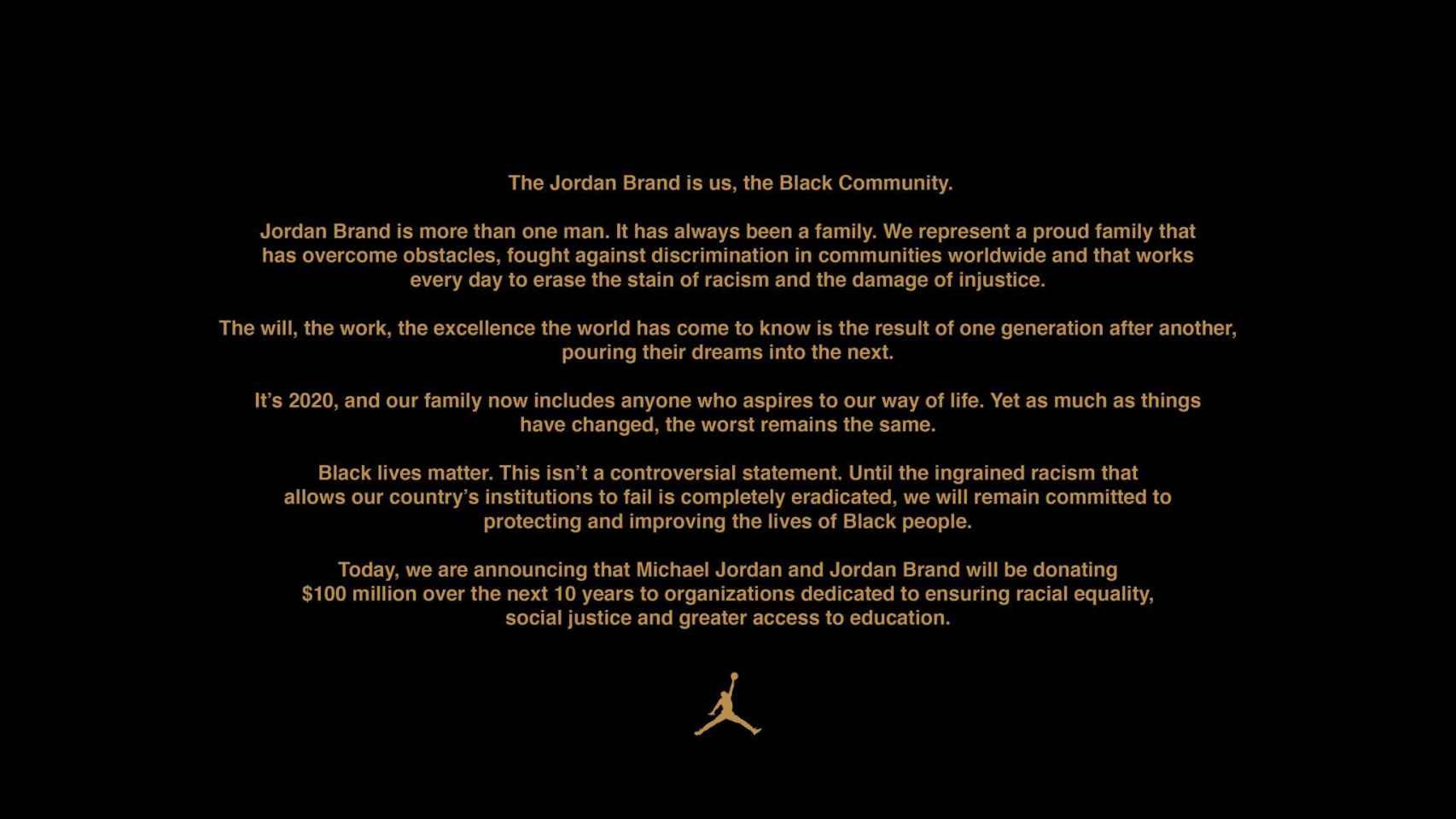 El comunicado de Jordan Brand con el anuncio comprometiendose con el Black Lives Matter
