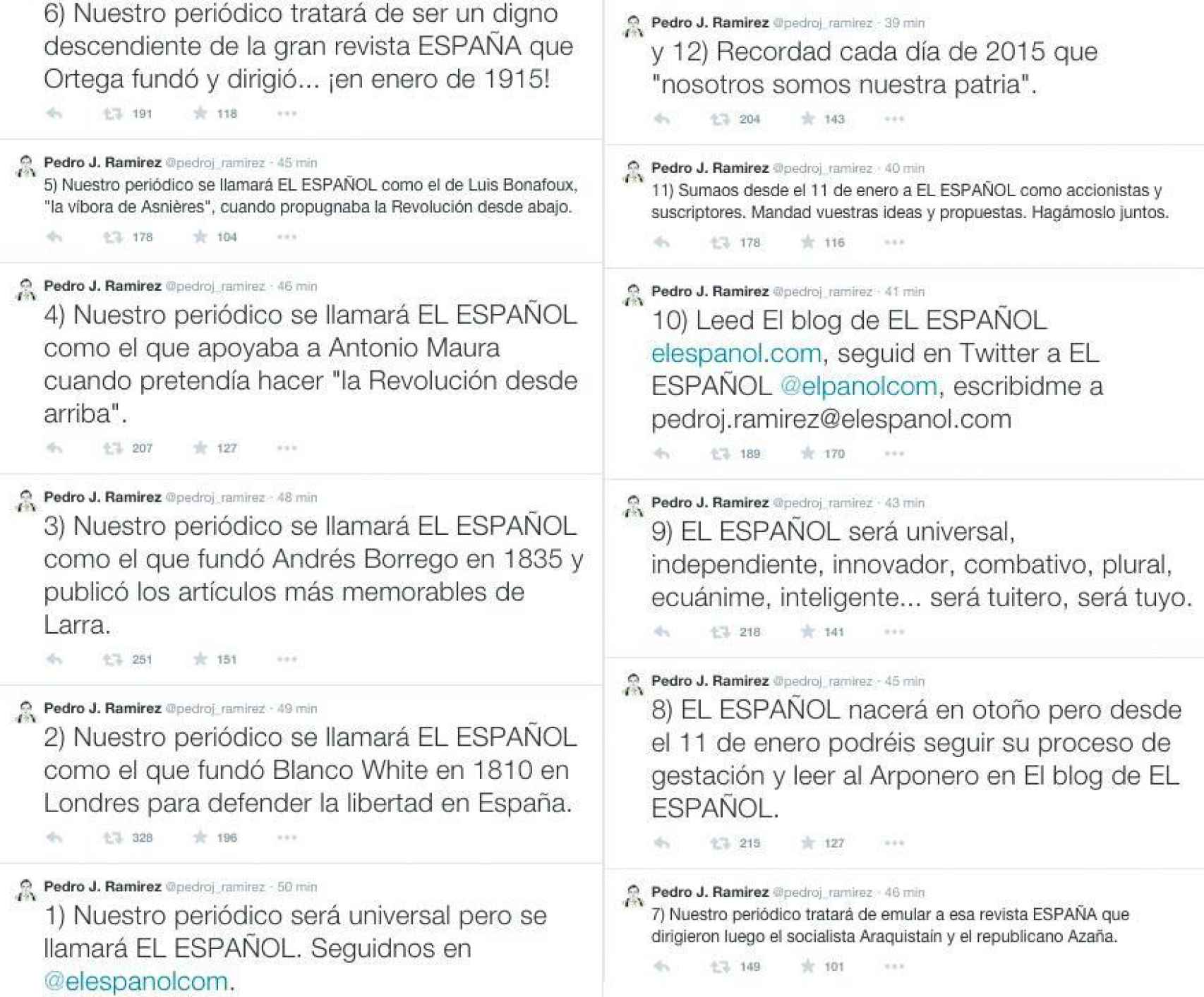 Principios fundacionales de EL ESPAÑOL publicados en Twitter por Pedro J. Ramírez el 1 de enero de 2015.
