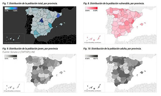 Mapas de distribución de la población por provincias en España. TAPTAP COVID-19 Report