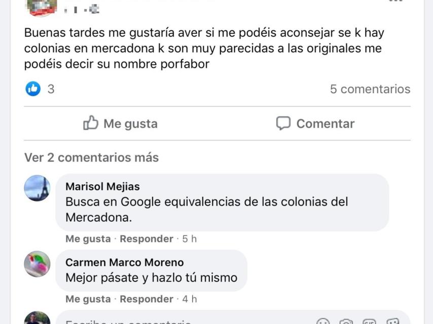 Una usuaria pregunta sobre las colonias de Mercadona.