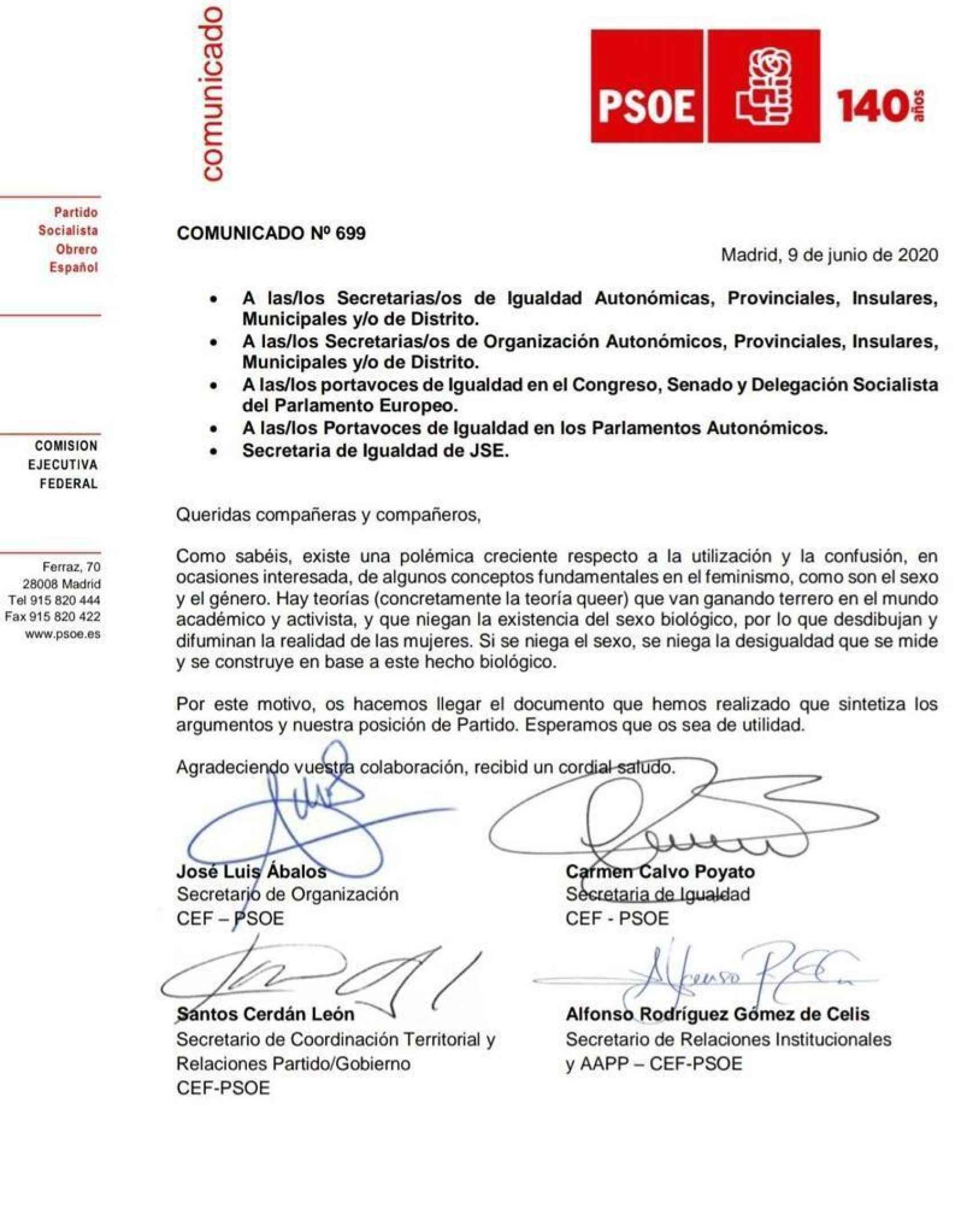 La Ejecutiva del PSOE emite este comunicado el día que el Gobierno aprueba la Ley de la Infancia.