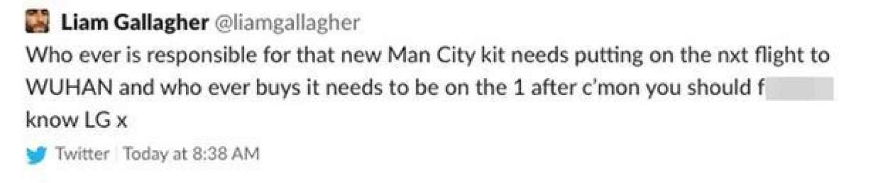 El tuit de Liam Gallagher criticando la tercera camiseta del Manchester City