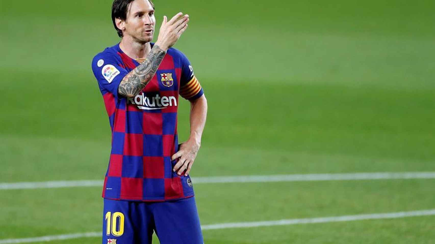 Leo Messi celebra el gol con el Barcelona en el Camp Nou contra el Leganés