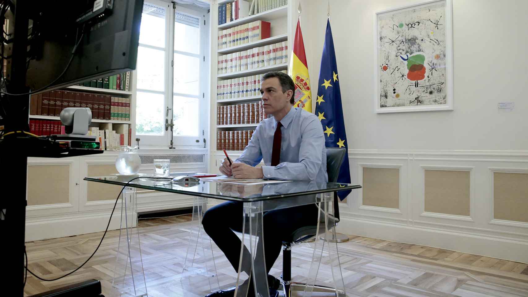 El presidente del Gobierno, Pedro Sánchez, durante una videocumbre.