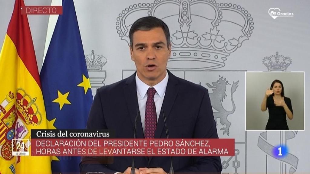La transmisión de TVE de la comparecencia de Pedro Sánchez con el logro con la palabra gracias.
