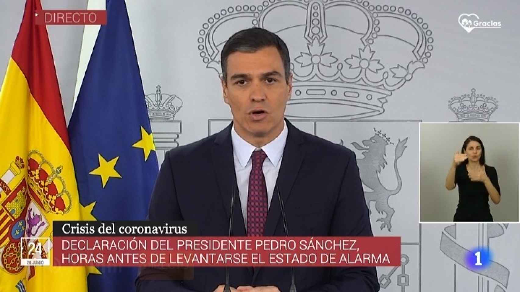 La transmisión de TVE de la comparecencia de Pedro Sánchez con el logro con la palabra gracias.