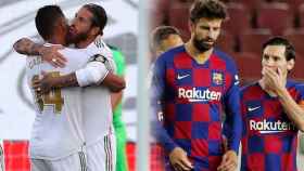 Casemiro y Sergio Ramos celebran un gol, mientras Gerard Piqué y Leo Messi se muestran preocupados