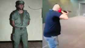 El detenido, en una imagen cuando era legionario y en un fotograma del vídeo de los tiros.