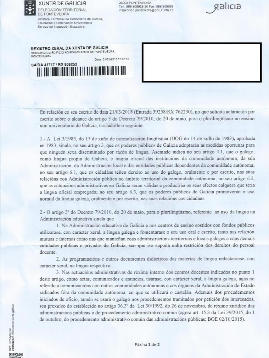 Contestación del inspector jefe de Pontevedra.