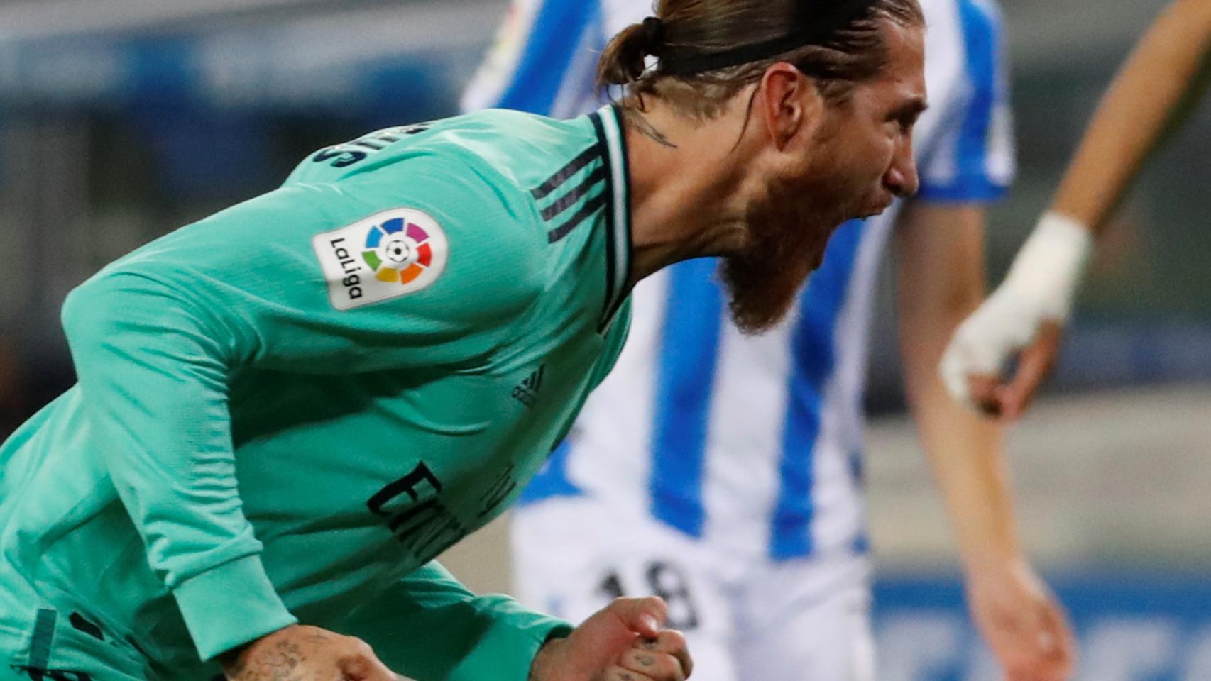 Sergio Ramos celebra su gol de penalti contra la Real Sociedad
