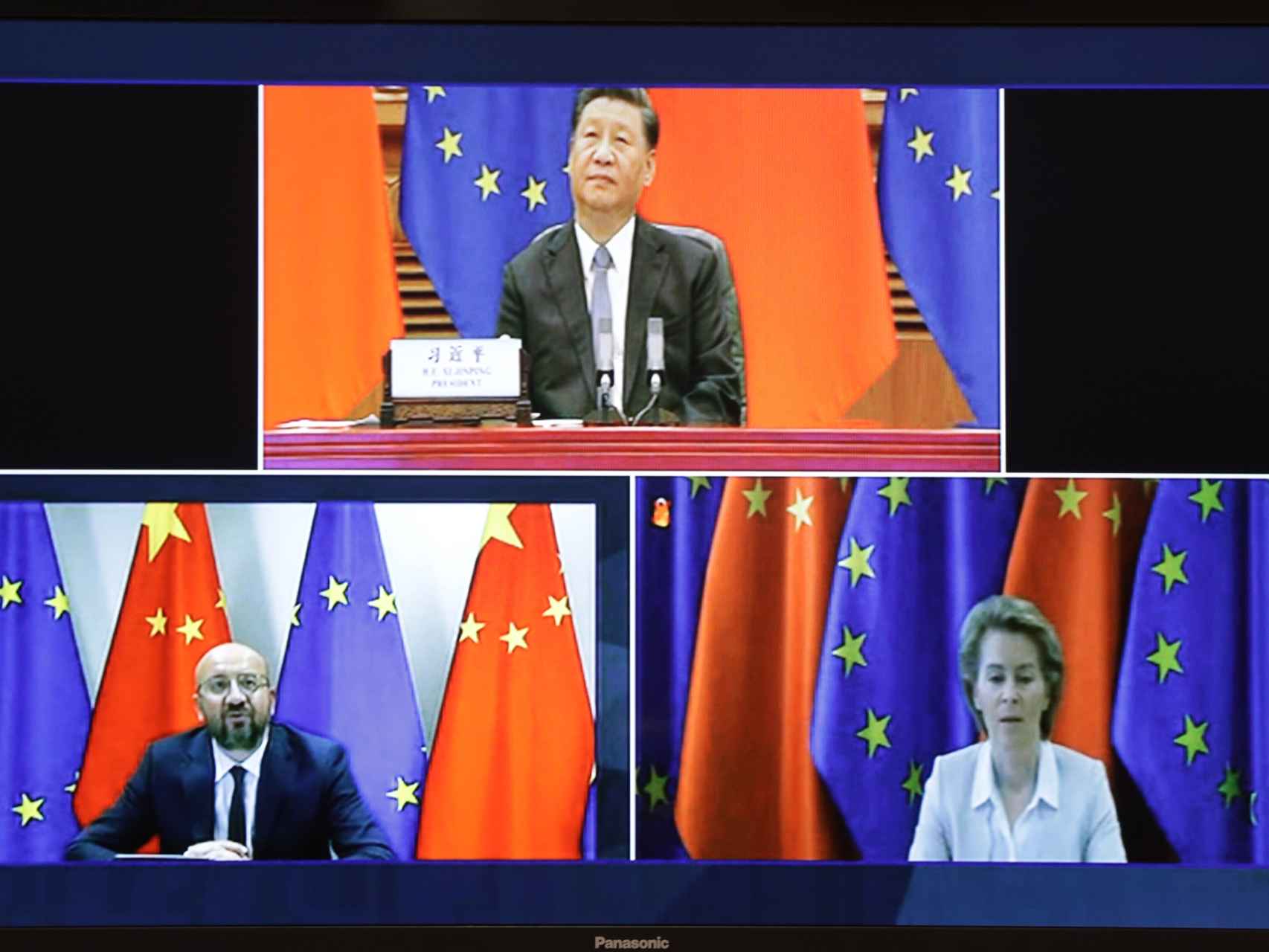 Xi Jinping, Charles Michel y Ursula von der Leyen, durante la videocumbre entre la UE y China