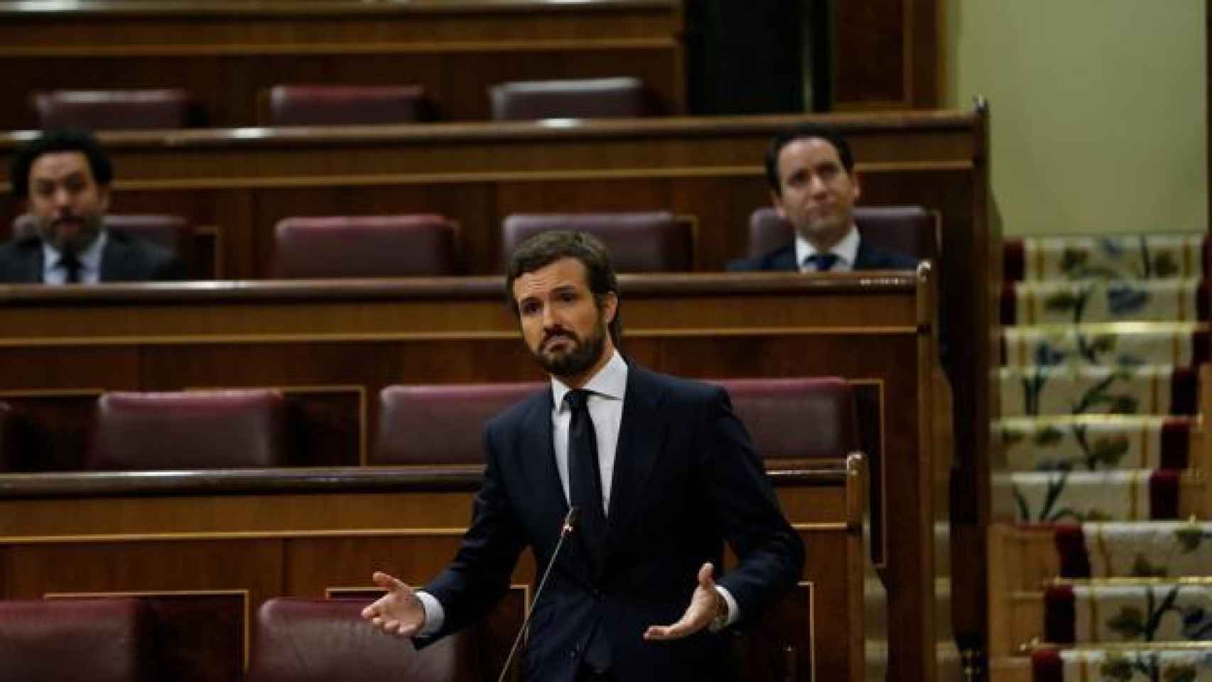 El presidente del PP, Pablo Casado, en su escaño en el Congreso de los Diputados.