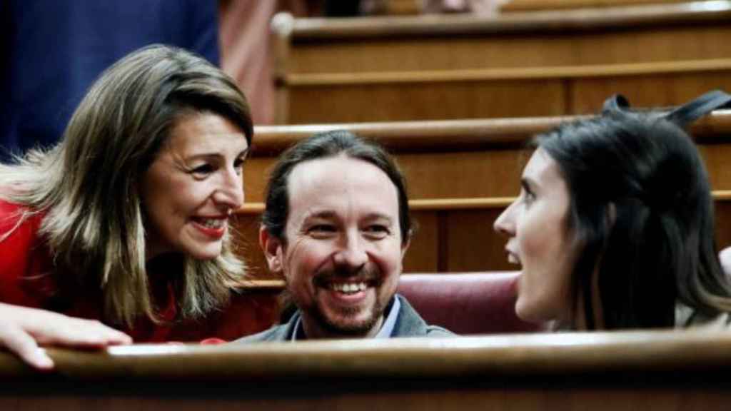 El exvicepresidente Pablo Iglesias, junto a las ministras Yolanda Díaz e Irene Montero, en una foto de archivo.