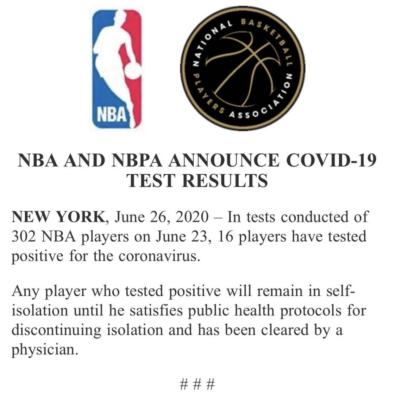 El comunicado de la NBA anunciando los positivos