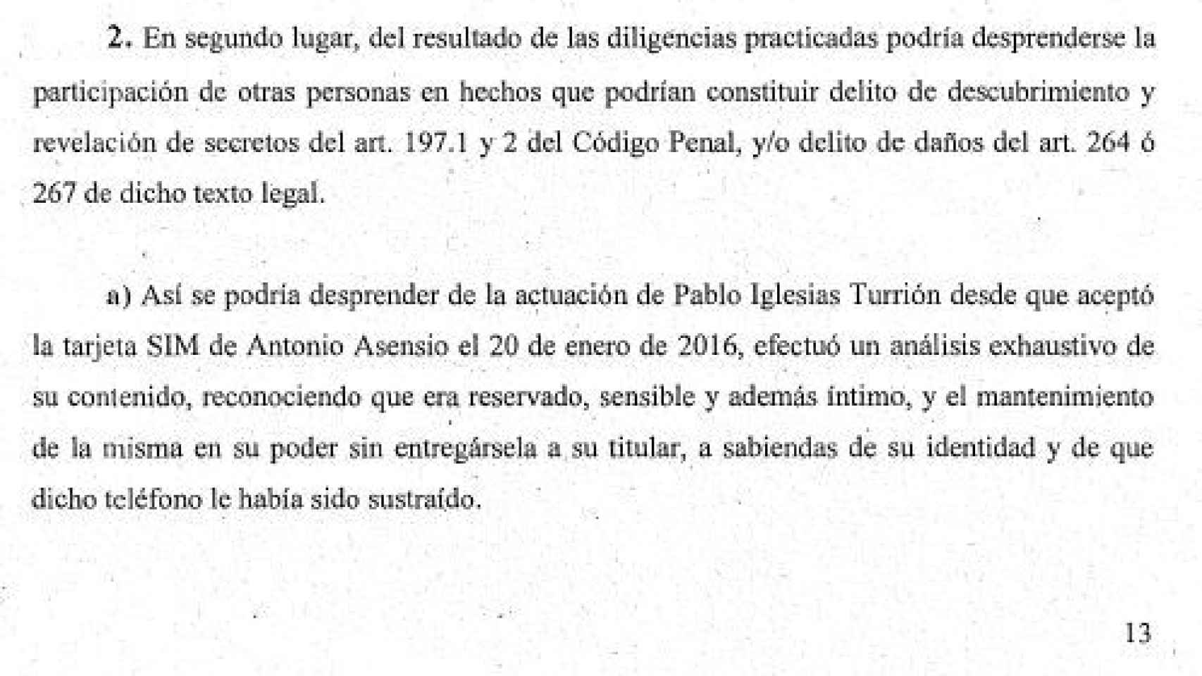 Escrito de los fiscales en el que señalan los indicios contra Pablo Iglesias./