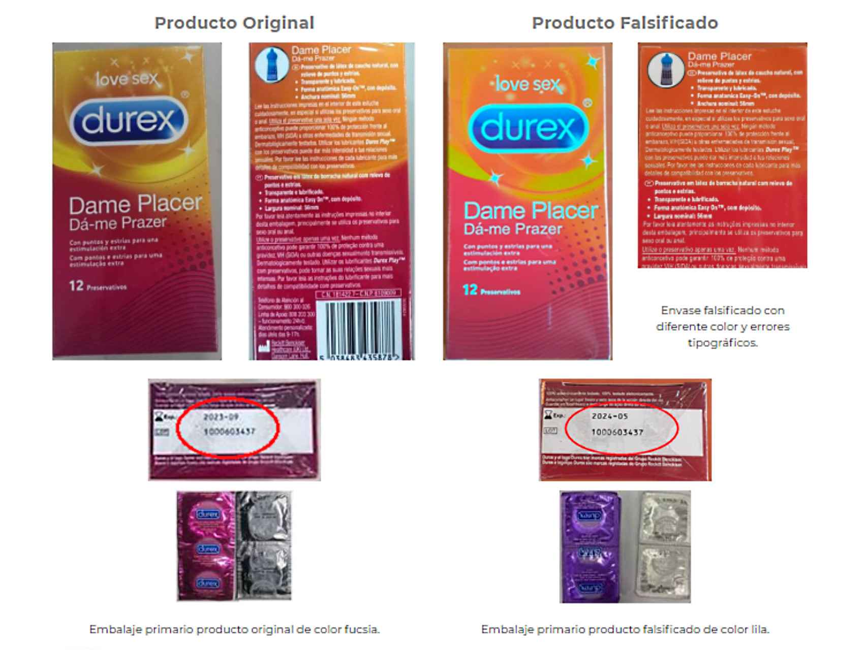Diferencias en el etiquetado entre los preservativos falsos y los auténticos.