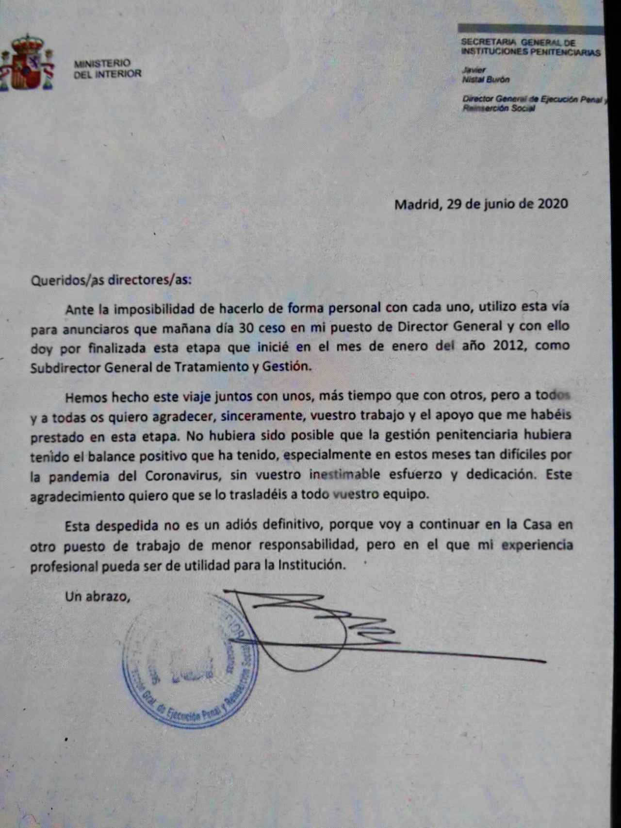 Carta de despedida de Javier Nistal.