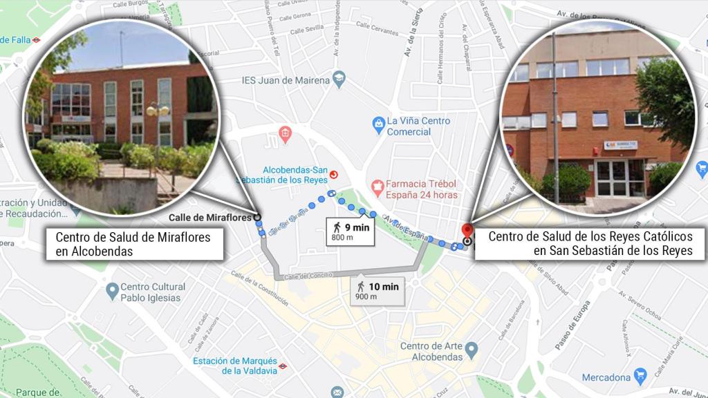 Esta es la separación existente entre los dos centros de salud: el que le correspondía y en el que no atendieron a Pedro