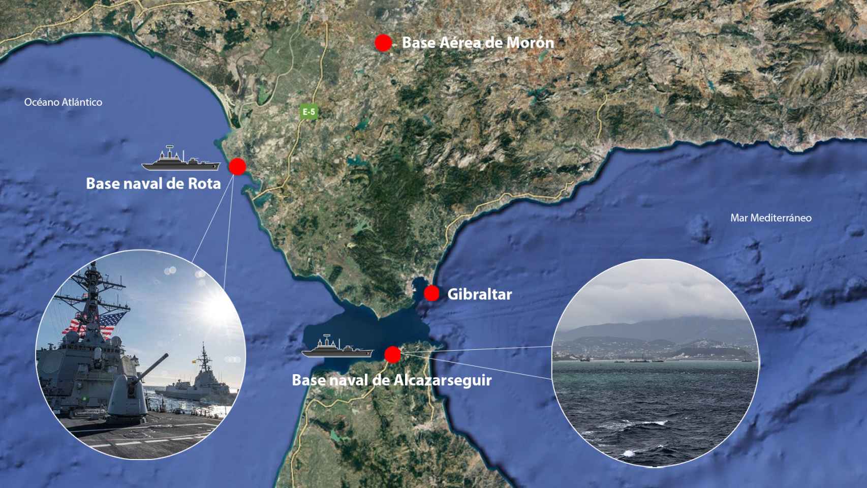 El mapa de las bases navales de Rota y de Alcazarseguir.