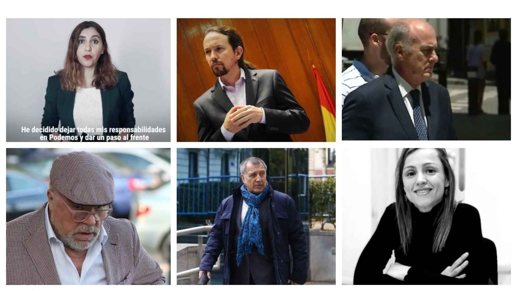 Dina Bousselham, Pablo Iglesias, Manuel García-Castellón, José Villarejo, Alberto Pozas y Marta Flor Núñez.