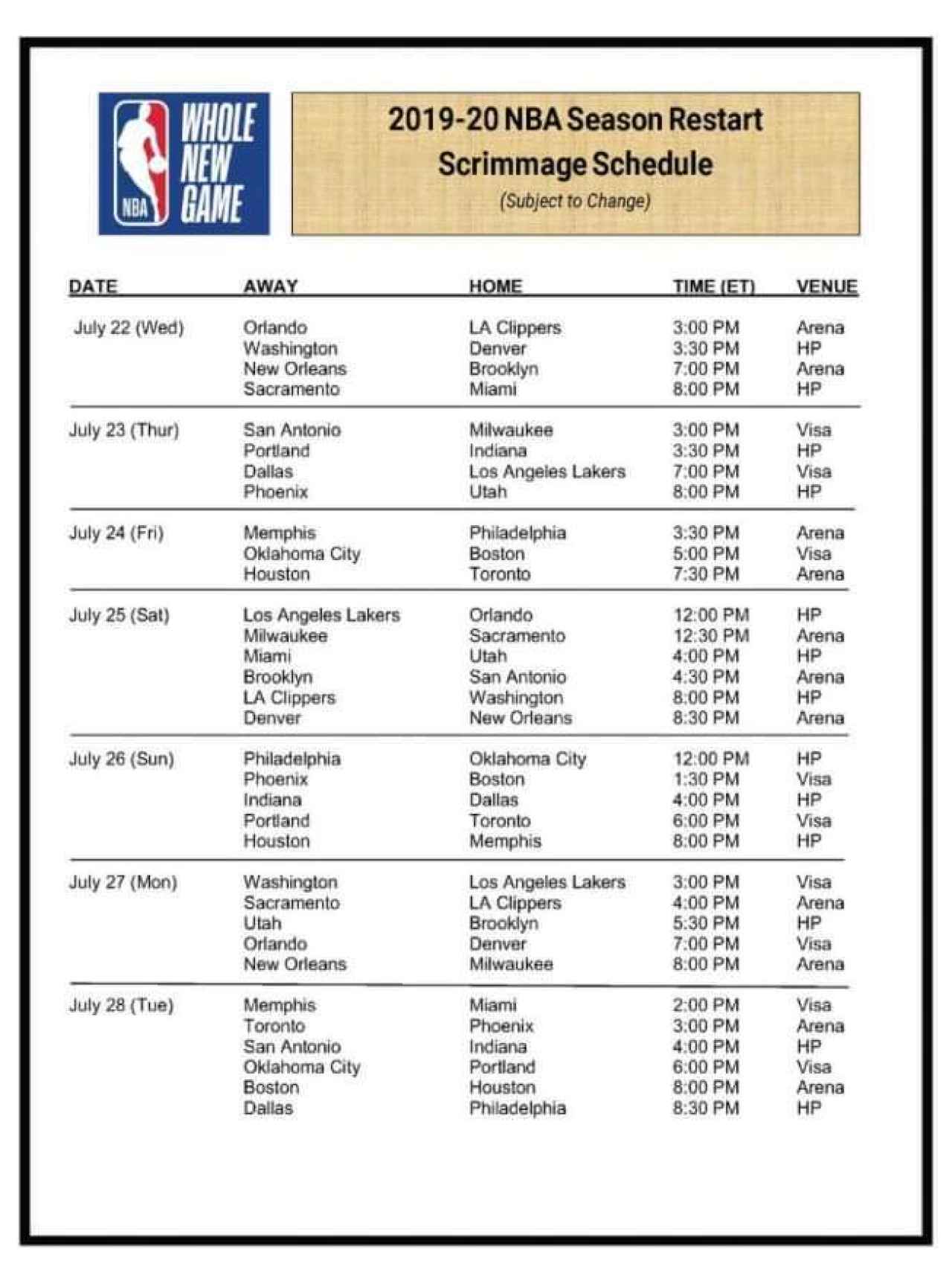 El calendario de partidos de entrenamiento para el regreso de la NBA tras el coronavirus